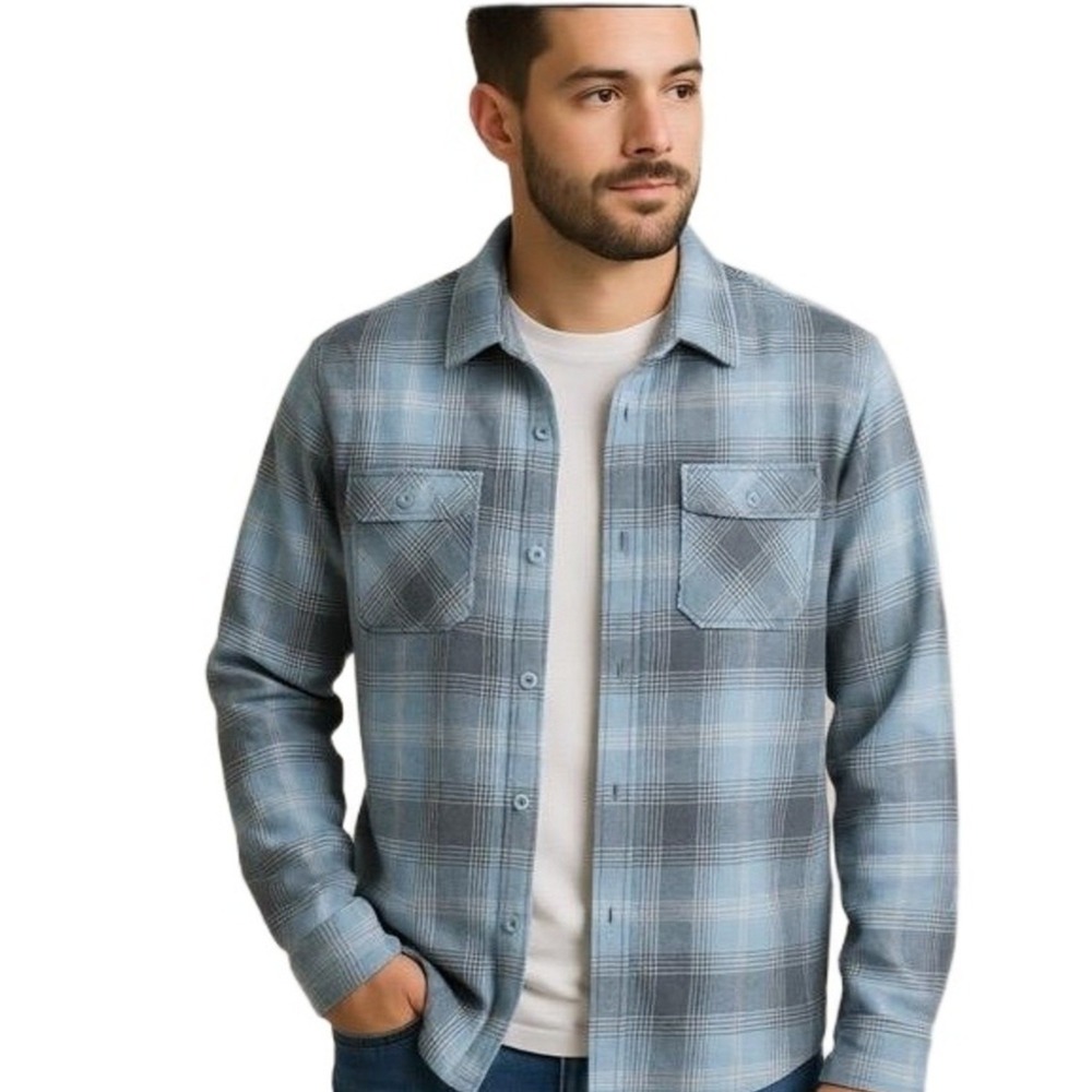 Travis Mathew Blue Gray Plaid Flannel Button-Up Shirt Men's Medium